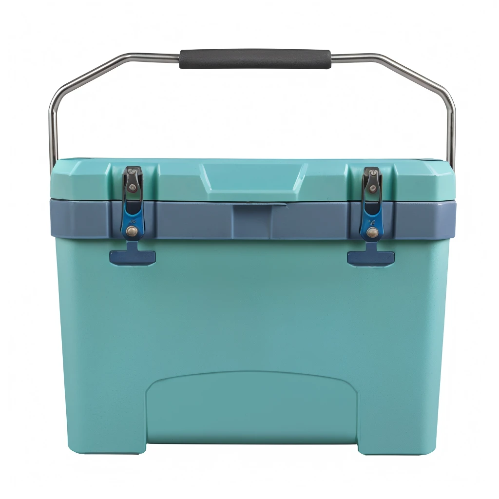 Close up of a blue cooler with handles and grips, Maximum, seafoam green, tasty, big boss, Tempera, cube, cyan grading, water blue, marvano, kinetic, front Photo, F2. 0, gamma, Light green, Zido, Panzer division, top cover, Number 12.0, Image at center, tundra