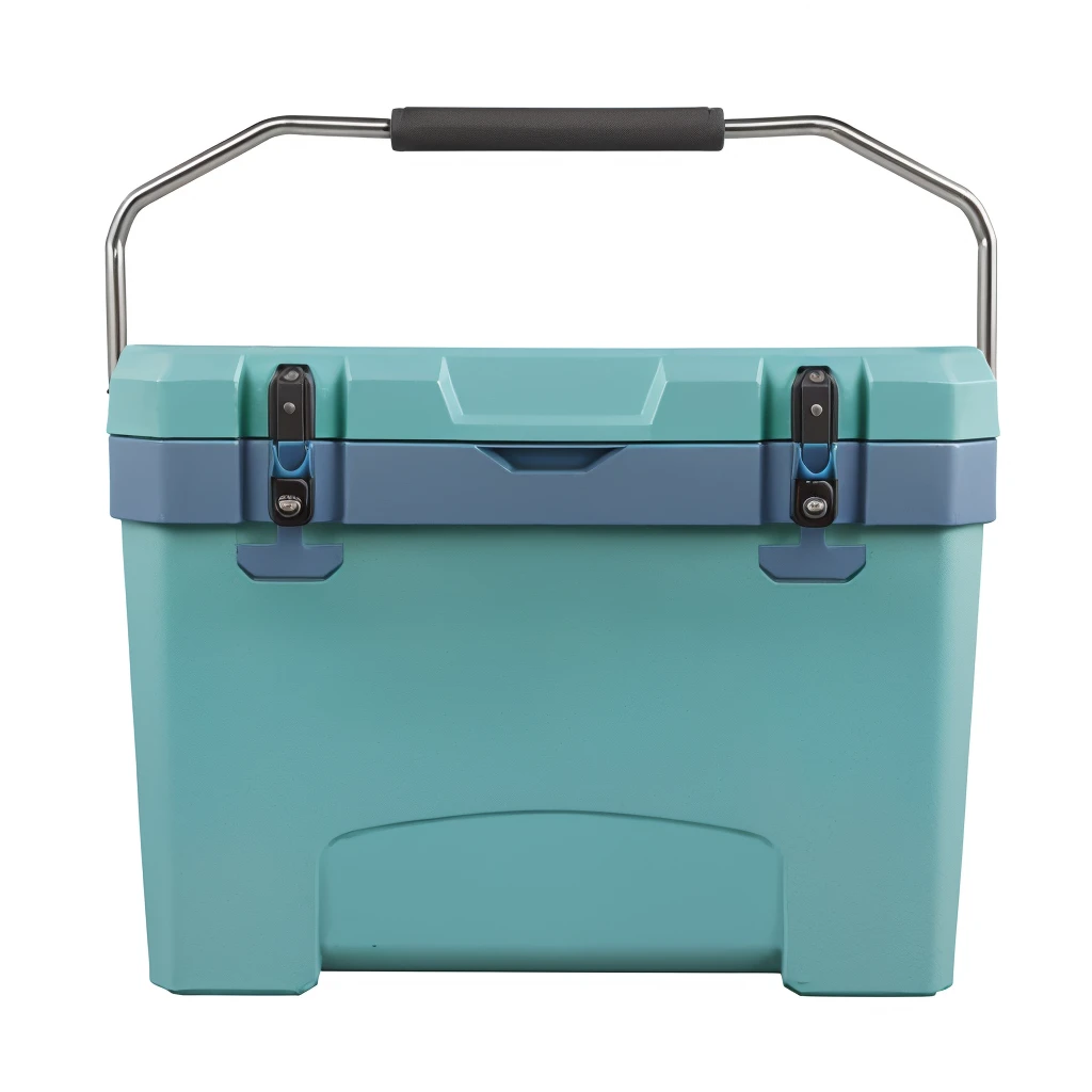 Close up of a blue cooler with handles and grips, Maximum, seafoam green, tasty, big boss, Tempera, cube, cyan grading, water blue, marvano, kinetic, front Photo, F2. 0, gamma, Light green, Zido, Panzer division, top cover, Number 12.0, Image at center, tundra