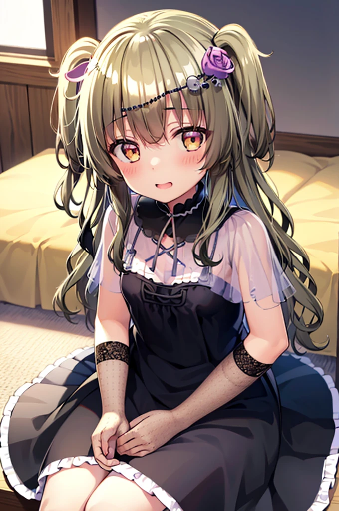 Himari Mei, masterpiece, loli, cute, flat chest, black dress, head tilt, sitting, in princess style bedroom, incoming kiss