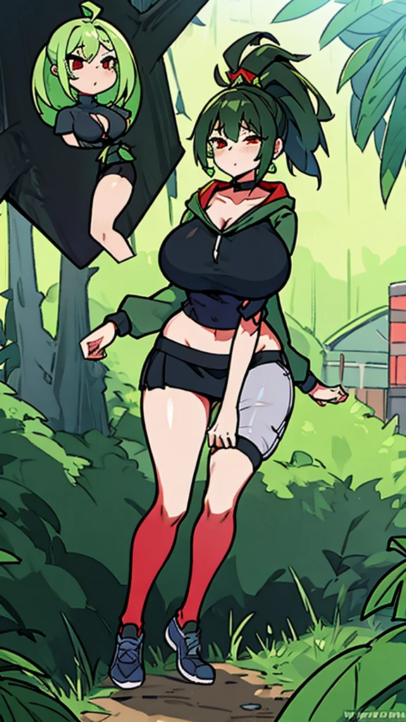 , Croped, , cleavage, slim waist, cropped hoodie underboob, cropped hoodieunderboobhoodie, 1girl, 2 wolf ears, wolf tail, marijuana crop hoodie, crop shorts, marijuana hoodie, spiky hair, spiky fur, green hair, red eyes,marijuana field scenery, tight clothes, perfect eyes, perfect hands, clear resolution, full body, cleavage skin, marijuana plants, open hoodie, marijuana scenery, black thigh high socks, full body, earrings, 1girl, skirt, cleavage, slim waist, cleavage, slim waist, hair pulled back,