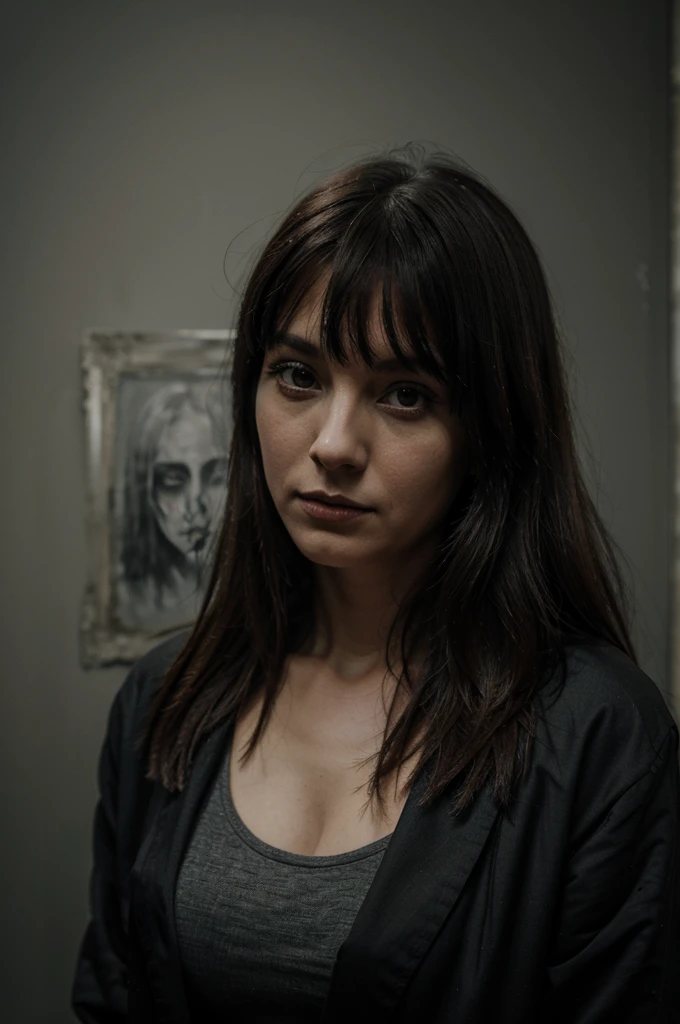 The portrait of a lady in a paranormal and haunted gray painting that is scary