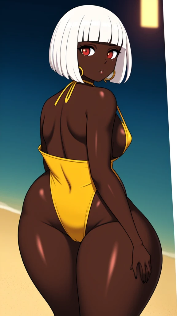 masterpiece, best quality,1girl, ((young girl)), ((large round magical red eyes)), shiny skin, (thin waist), ( bob cut hair, white hair), ((curvy)), ((wide hips)), ((hoop earrings)), (((very small boobs))) , ((( yellow full Swimsuit))), hot, soft natural lighting, reflections, bright illuminations, deep dark black skin, big ass