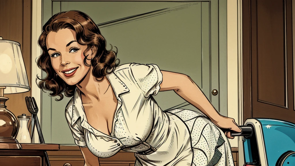 The vintage advertisement depicts an idealized vision of 1950s domesticity.
In the foreground, a smiling housewife poses holding an old vacuum cleaner. She wears a classic polka-dot dress with a modest sweetheart neckline that still hints at her shapely figure. The skirt falls just above the knee, allowing a peek at her stockings and high heels.
With a friendly, welcoming expression, the housewife's chestnut hair is styled in neat curls framing her made-up face. One hand rests on her hip as she leans into the vacuum, embodying the can-do attitude of the era's homemakers.
Behind her, the scene depicts an immaculately clean mid-century home interior. A cheerful kitchen with retro appliances and decor is visible through an open doorway. The neatly made bed anchors the bedroom setting.
The bold text overlay reads: "Keep Your Home Sparkling with Maybelle's Cleaning Supplies!" The copy celebrates the housewife's role as keeper of the domestic sphere.
While still portraying a romanticized ideal of homemaking, the pin-up's pose and dress are relatively modest compared to racier examples. The emphasis is on the housewife's bright, welcoming smile and the spotless home behind her - reinforcing the 1950s feminine virtues of homemaking skill and maintaining a cheery, attractive appearance for family.