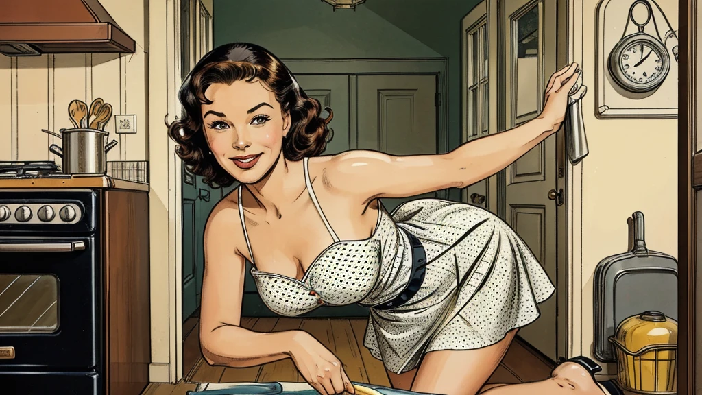 The vintage advertisement depicts an idealized vision of 1950s domesticity.
In the foreground, a smiling housewife poses holding an old vacuum cleaner. She wears a classic polka-dot dress with a modest sweetheart neckline that still hints at her shapely figure. The skirt falls just above the knee, allowing a peek at her stockings and high heels.
With a friendly, welcoming expression, the housewife's chestnut hair is styled in neat curls framing her made-up face. One hand rests on her hip as she leans into the vacuum, embodying the can-do attitude of the era's homemakers.
Behind her, the scene depicts an immaculately clean mid-century home interior. A cheerful kitchen with retro appliances and decor is visible through an open doorway. The neatly made bed anchors the bedroom setting.
The bold text overlay reads: "Keep Your Home Sparkling with Maybelle's Cleaning Supplies!" The copy celebrates the housewife's role as keeper of the domestic sphere.
While still portraying a romanticized ideal of homemaking, the pin-up's pose and dress are relatively modest compared to racier examples. The emphasis is on the housewife's bright, welcoming smile and the spotless home behind her - reinforcing the 1950s feminine virtues of homemaking skill and maintaining a cheery, attractive appearance for family.
