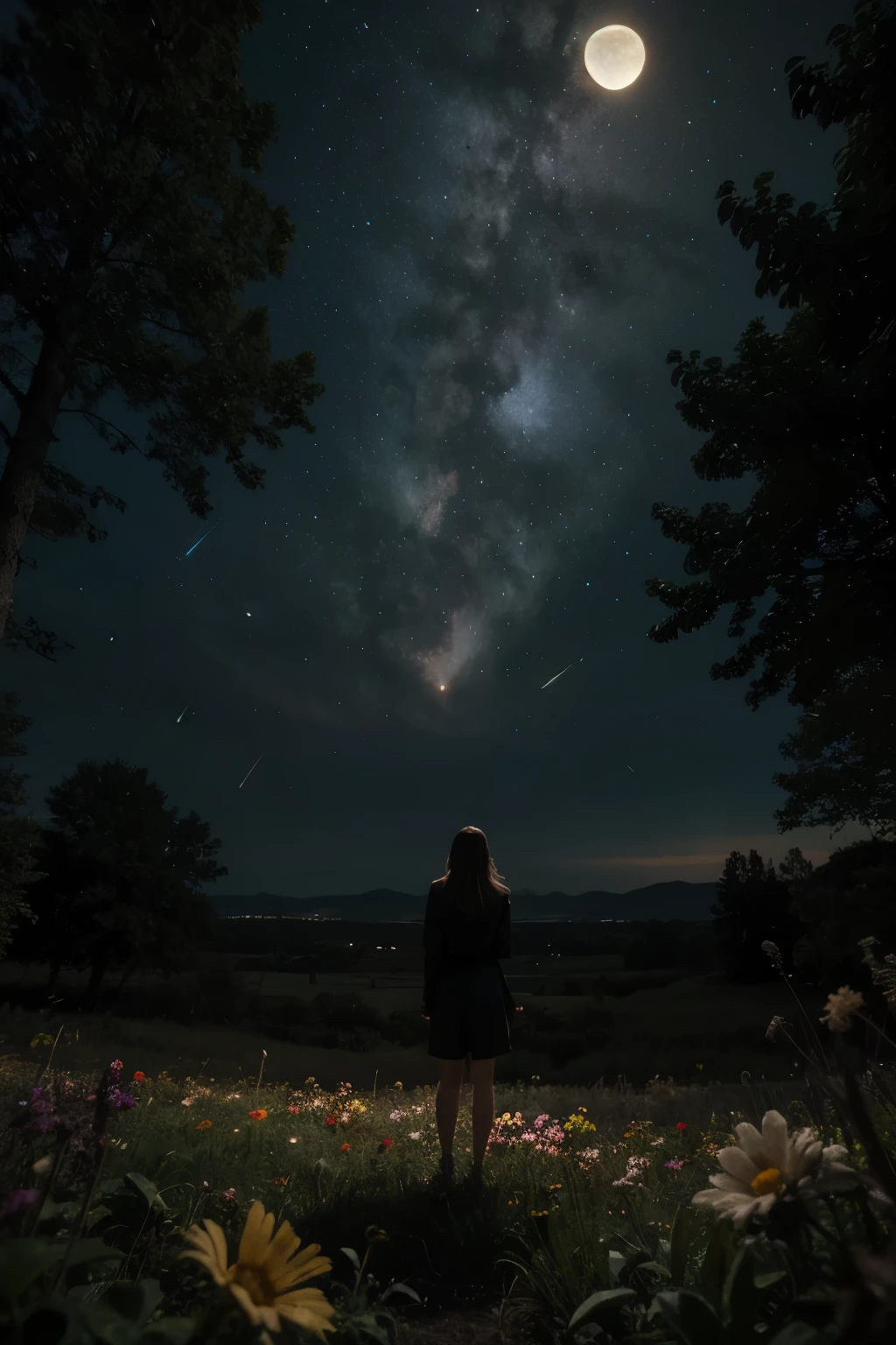 Vast landscape photo, (viewed from below, the sky is above and the open field is below), a girl standing on a flower field looking up, (full moon: 1.2), (meteor: 0.9), (nebula: 1.3), distant mountains , Trees BREAK Crafting Art, (Warm Light: 1.2), (Fireflies: 1.2), Lights, Lots of Purple and Orange, Intricate Details, Volumetric Lighting, Realism BREAK (Masterpiece: 1.2), (Best Quality), 4k, Ultra-Detailed, (Dynamic Composition: 1.4), Very Detailed, Colorful Details, (Rainbow Colors: 1.2), (Glow Lighting, Atmospheric Lighting), Dreamy, Magical, (Solo: 1.2)