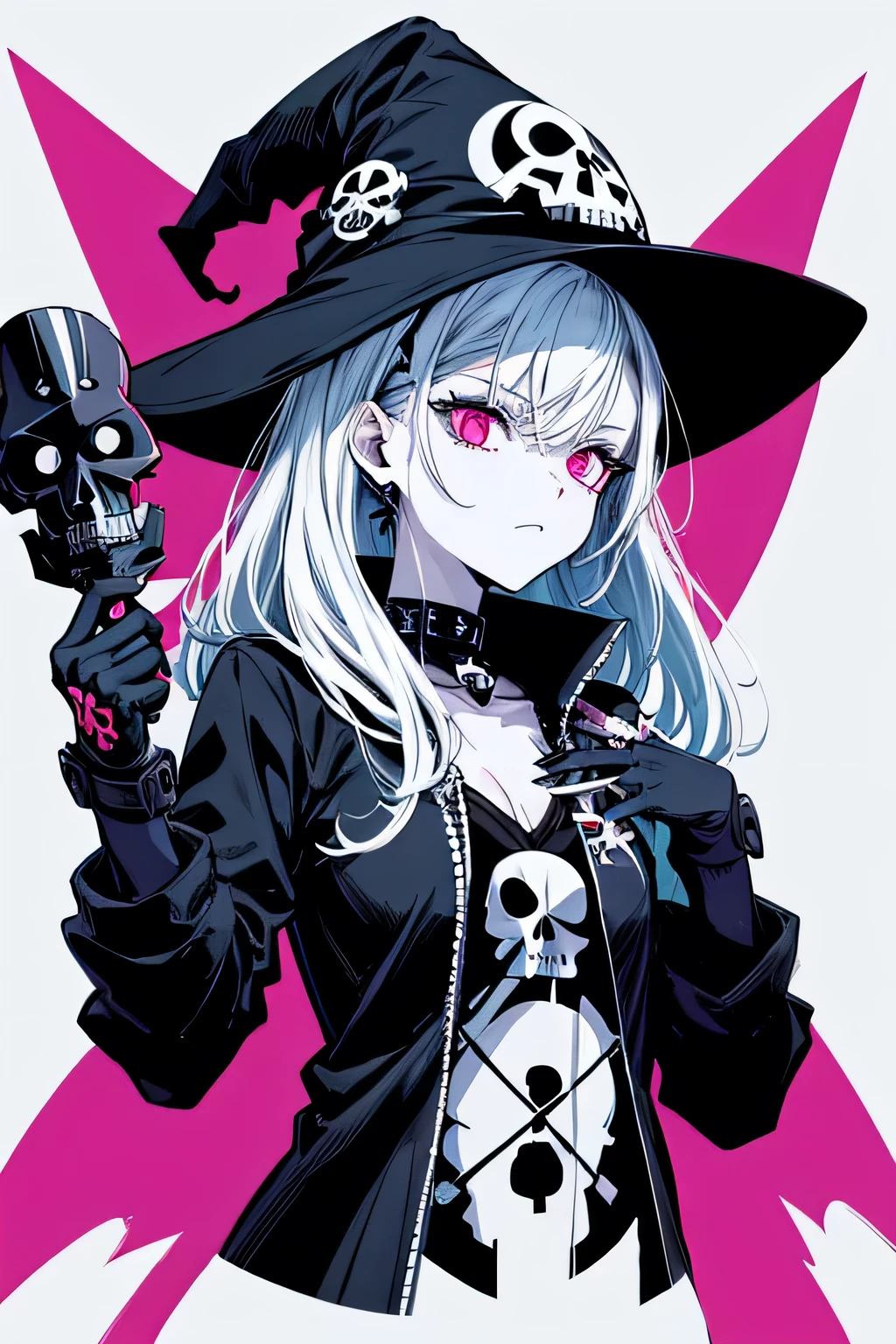 Anime Witch Design, Crossbones, skull, Streetwear-Design, Pro-Vector, Horror-Stil, Complete design, Only 6 colors, solid colors, no shadows, Complete design, sticker, bright colors, White background.
