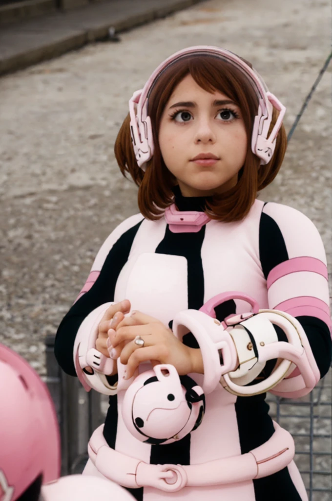 Ochako Uraraka, wide-shot, a beautiful face woman, depth of field, business woman, brown hair, skintight black bodysuit with a pink design around the neck, shoulders, and sides of her torso, (large, white, round gauntlets with pink pads on the back of her hands) and a white belt with a pink buckle and pink capsules attached, white boots, knee-high with pink soles and accents, featuring a round design at the top, white helmet with a transparent pink visor, pink wristbands, and round pink shoulder pads, (short and brown hair, styled in a bob cut)