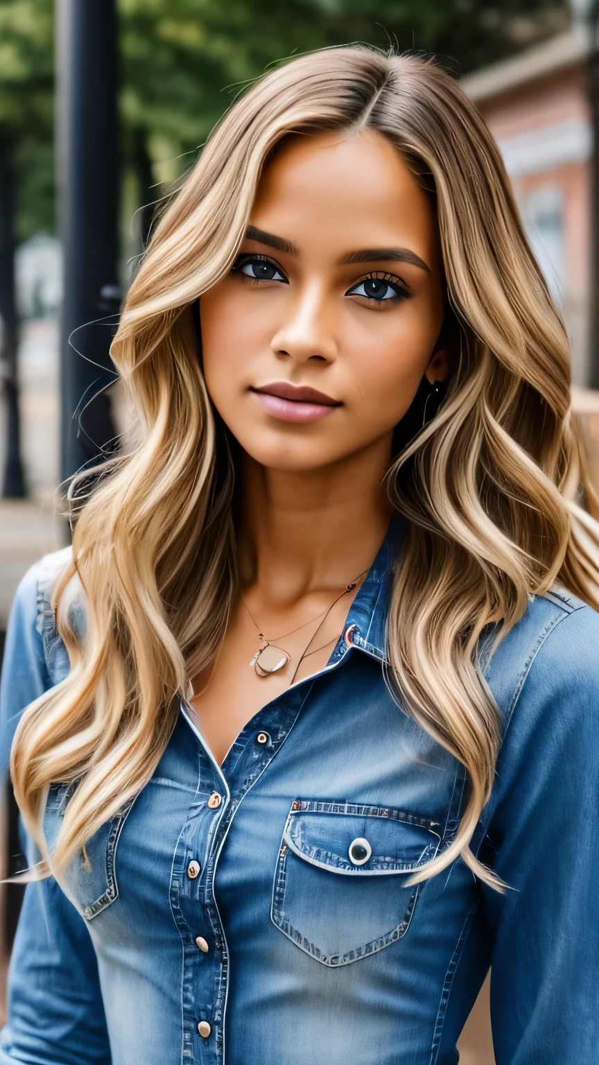 Woman with light brown skin, long wavy blonde hair, red blouse, low neckline, blue jeans, on a dirty street. Outside a gazebo.