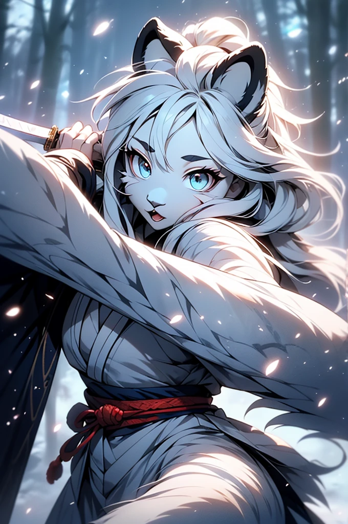 furry，furry，hairy，hairy，White Tiger Maiden，White Tiger Maiden，，Snow and ice theme，Wearing Hanfu，Chinese Hanfu，black vs white，Holding a long sword，Sword in hand，Martial arts style，Martial arts theme，Holding a long sword的White Tiger Maiden，Close-up，Close-up，Highlight the role