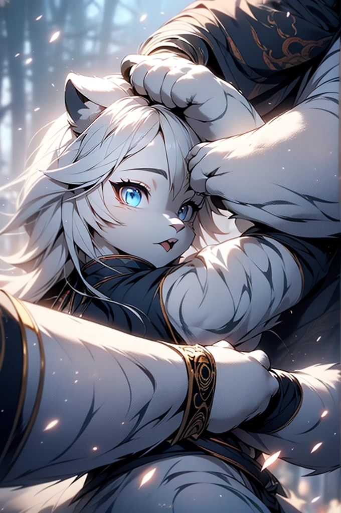 furry，furry，hairy，hairy，White Tiger Maiden，White Tiger Maiden，，Snow and ice theme，Wearing Hanfu，Chinese Hanfu，black vs white，Holding a long sword，Sword in hand，Martial arts style，Martial arts theme，Holding a long sword的White Tiger Maiden，Close-up，Close-up，Highlight the role