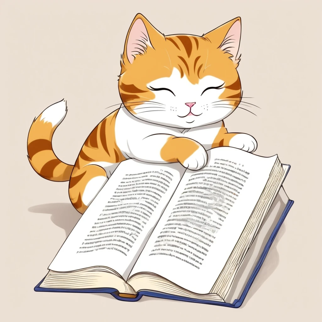 Anthropomorphic cute cat, narrow eyes, lying down, legs crossed, reading a book, one stroke, Japanese style animation touch, high image quality