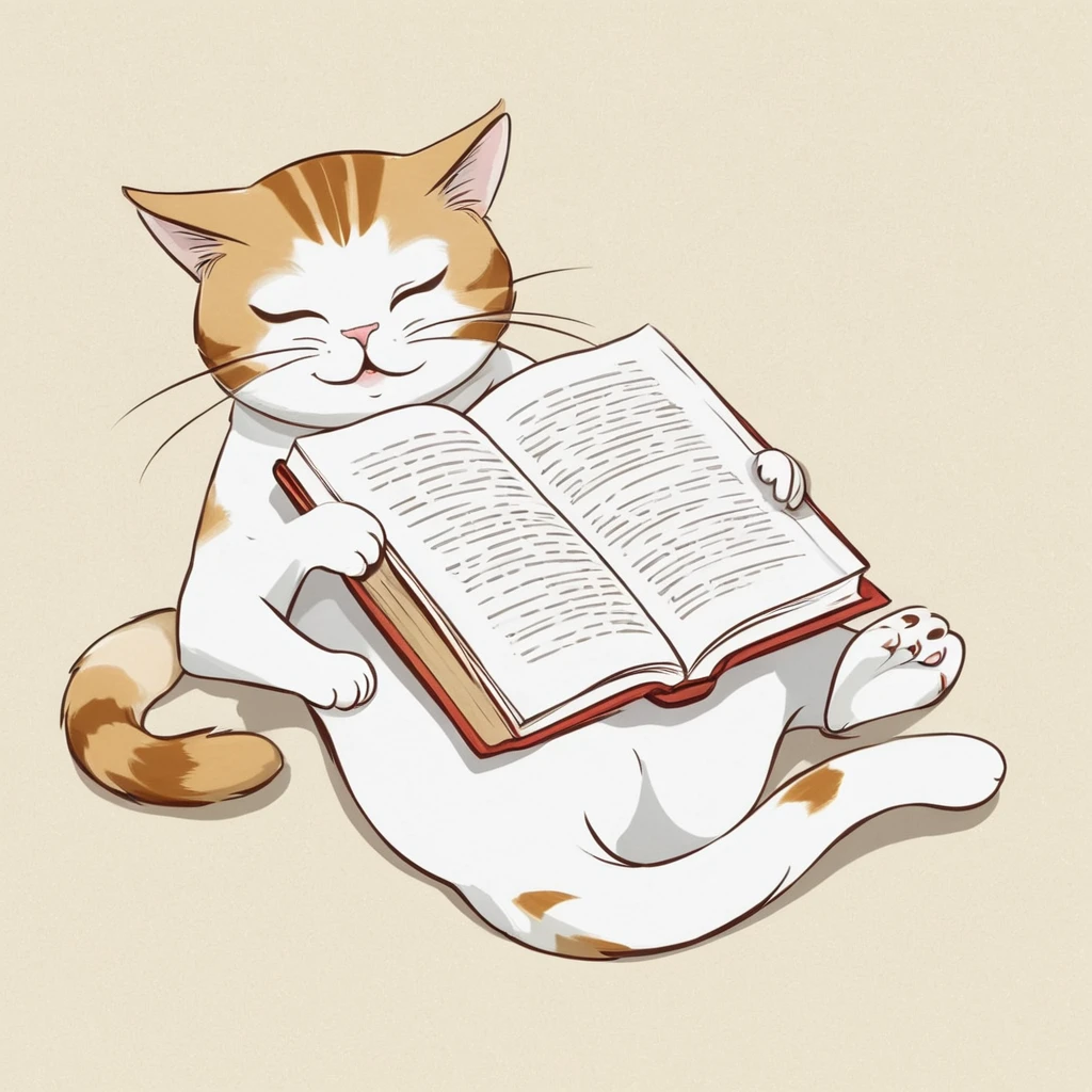 Anthropomorphic cute cat, narrow eyes, lying down, legs crossed, reading a book, one stroke, Japanese style animation touch, high image quality