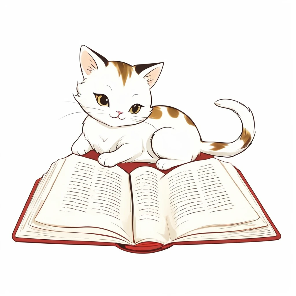 Anthropomorphic cute cat, narrow eyes, lying down, legs crossed, reading a book, one stroke, Japanese style animation touch, high image quality