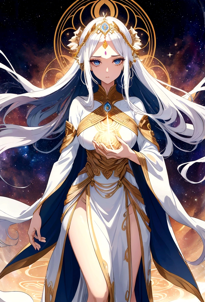 Goddess with a ethereal and ever-changing, reflecting the countless aspects of the universe she embodies. She often appears as a tall, slender woman with flowing hair that shimmers with the light of distant stars. Her eyes are deep and knowing, holding the wisdom of the ages. She wears robes that seem to be woven from the fabric of space itself, shifting in color and texture with her emotions.