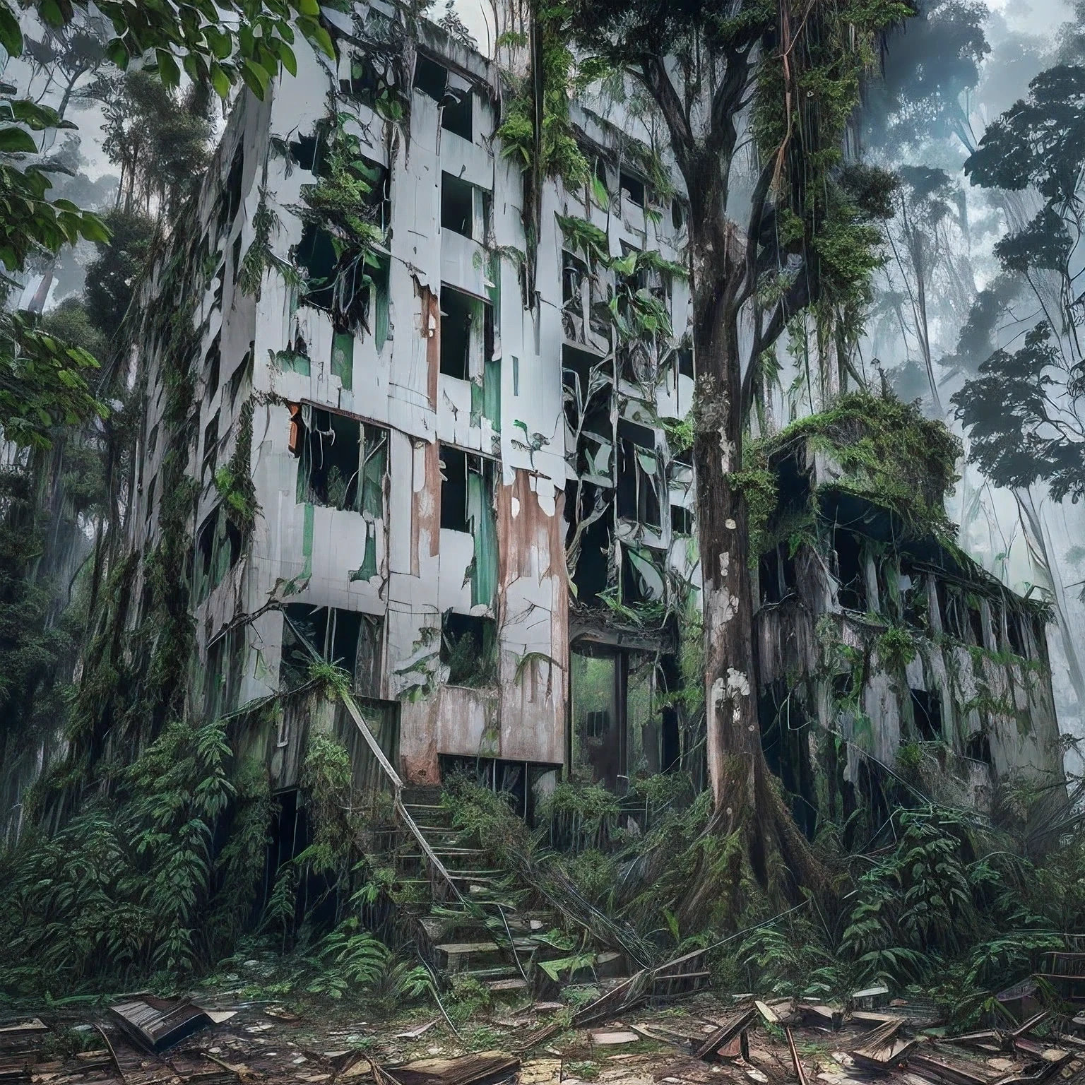 there is a building that is in the middle of the woods, empty buildings with vegetation, nature taking over, dilapidated houses, wrecked buildings, overgrown with trees, overgrown jungle ruins, dilapidated, abandoned derelict buildings, “derelict architecture buildings, overgrown jungle, an abandoned old, abandoned structures, old abandoned building, abandoned building
