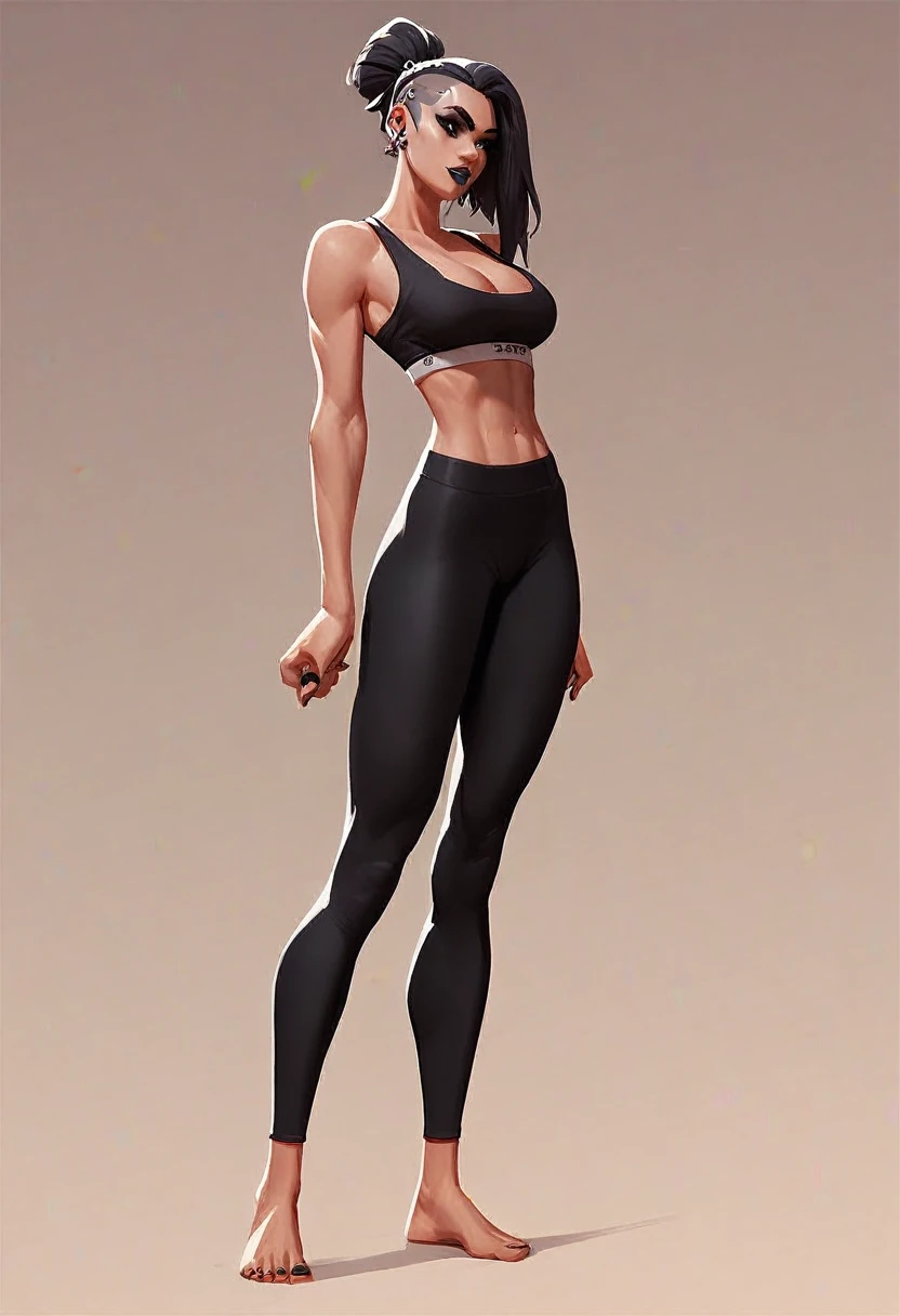 Goth girl, cleavage, sports bra, yoga leggings, barefoot, orange color, skinny, full body, big bust, standing