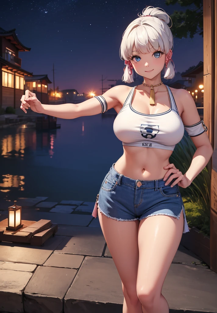 Masterpiece, high quality, 8k, ultra detail, ((kamisatoayakarnd)) standing, night,outdoors, (crop top), navel, (shorts), (off shoulders:1), choker, smile, armpit, (large breast), (nude arm)