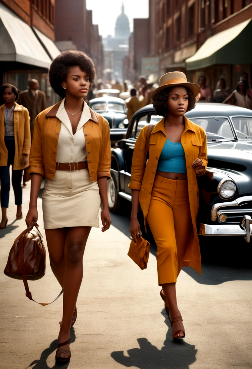 Two young black women walking down a busy street in an urban setting, with a vintage car parked on the side and other people visible in the background