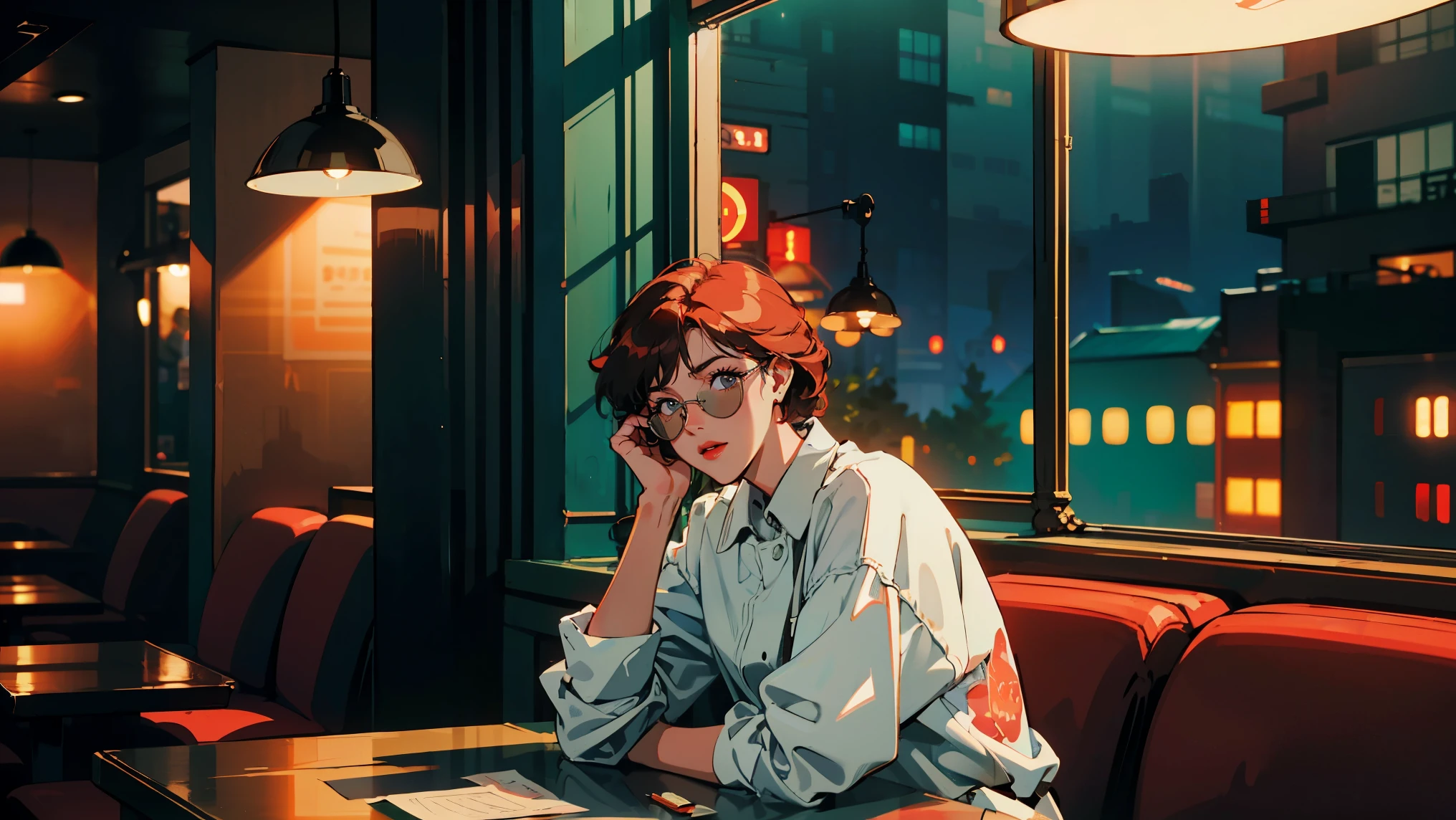 Beautiful redhead Asian girl sitting in a restaurant at night, Visible from the window, Perfect Face, sunglasses, Smoking white Taylormade cigarettes, Neon Black, (Backlight: 1.1), Hard Shadows, masterpiece, Highest quality, Complex, Model shooting style, Vintage, Film Grain,