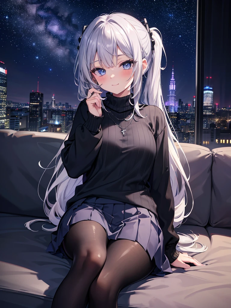 masterpiece, 4K,retina, incredibly_absurdres, original, night, stars, milky way, beautiful detailed sky, cityscape, lewd mature woman, silver hair, ponytails, light blush, dark blue eyes, purple sweater, gray pleated_skirt, black pantyhose, arm behind body, looking at viewers, sitting on sofa, lewd smile,