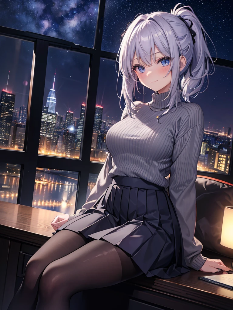 masterpiece, 4K,retina, incredibly_absurdres, original, night, stars, milky way, beautiful detailed sky, cityscape, lewd mature woman, silver hair, ponytails, light blush, dark blue eyes, purple sweater, gray pleated_skirt, black pantyhose, arm behind body, looking at viewers, sitting on sofa, lewd smile,