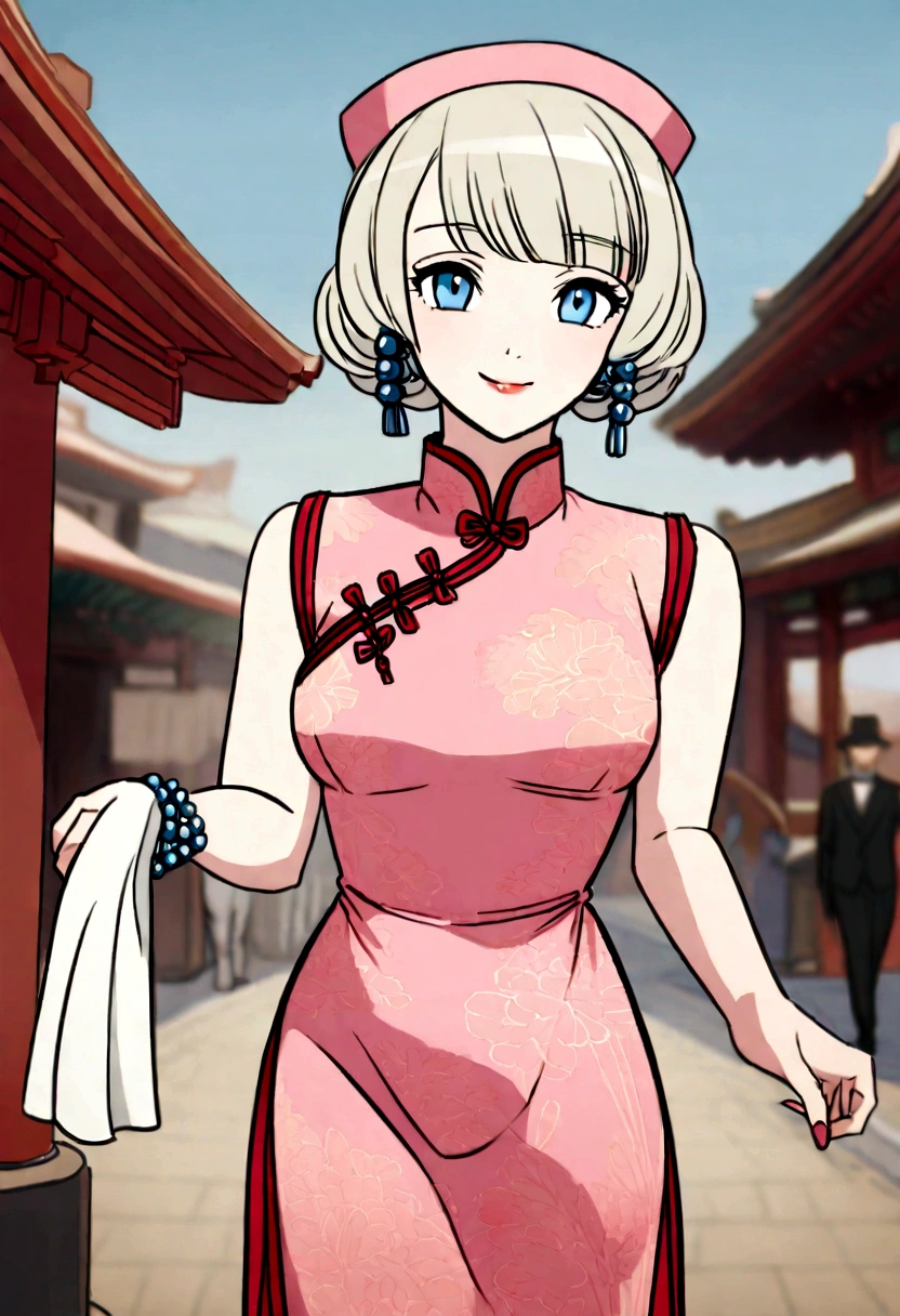 blurred photo of a woman with blue eyes, in a pink dress with hearts and white hat posing for a photo, smiling, airmax12,1 9 3 0 style, 1 9 2 0 cloth style, wearing a dress made of beads, cheongsam, 1 9 2 0 s, 1920s, 1 9 2 0 s pano style, 1 9 3 0 s, 1930s