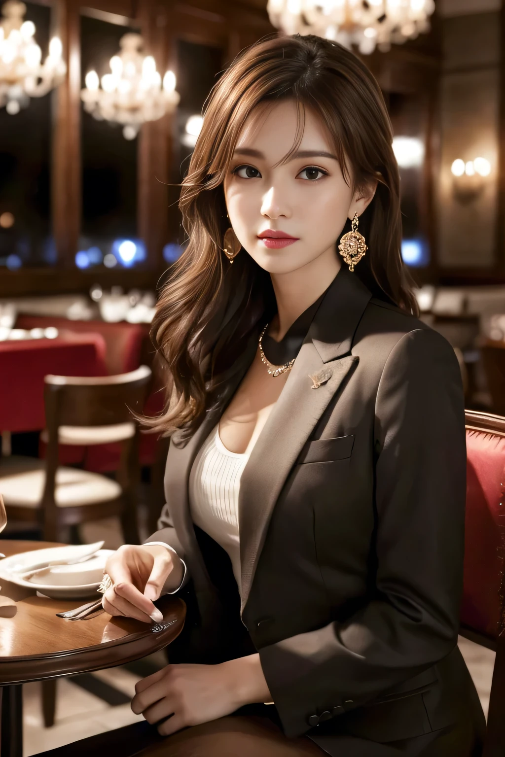 masterpiece, Highest quality, Realistic, Very detailed, Finer details, High resolution, 8k wallpaper, One beautiful woman, Wear a nice suit, In a great restaurant, At night, Light brown messy hair, Perfect dynamic composition, Beautiful and beautiful eyes、Big earrings、Sit on a chair、