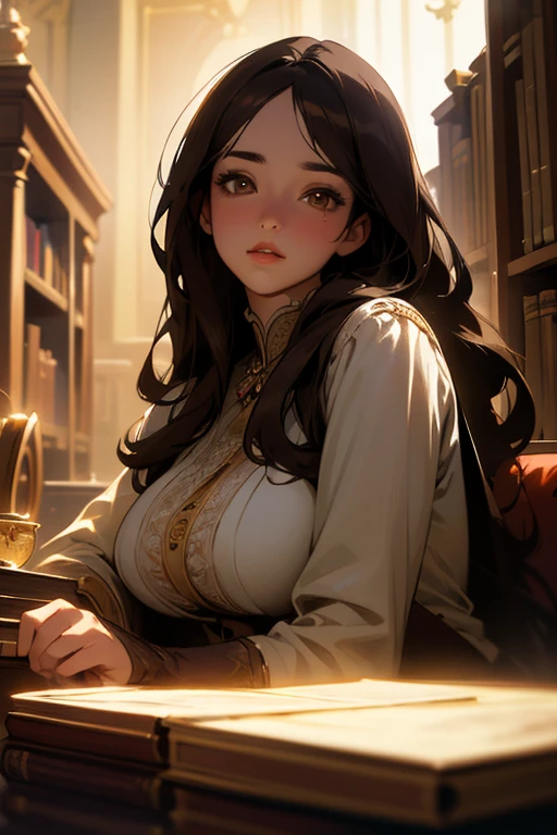 1girl, solo, bookshelf, pile of books, school background, dark brown hair, long hair, plump lips, amber eyes, elegant attire, photorealistic, highly detailed, intricate detail, cinematic lighting, atmospheric, rich color palette, masterpiece, detailed face, luminous eyes
