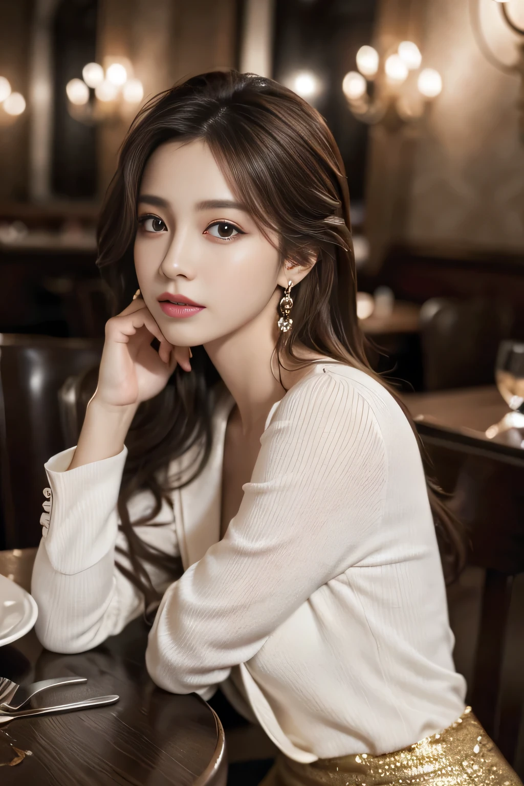 masterpiece, Highest quality, Realistic, Very detailed, Finer details, High resolution, 8k wallpaper, One beautiful woman, Wear a nice suit, In a great restaurant, At night, Light brown messy hair, Perfect dynamic composition, Beautiful and beautiful eyes、Big earrings、Sit on a chair、