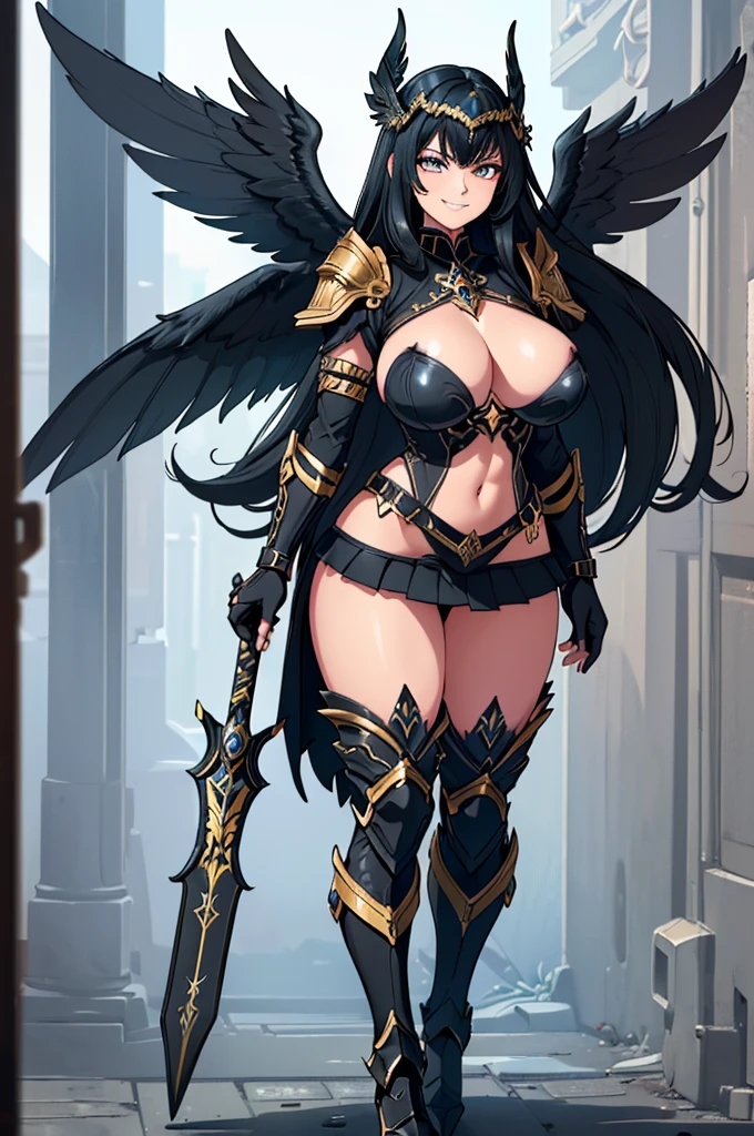 (masterpiece, best quality, high resolution, ((full body, standing,))((huge breasts)) 1 woman, very short and messy black hair, black lips, black full body fantasy valkyrie armor with decorations golden, black Valkyria wings, Valkyria headdress, black Valkyria sword in hands, evil smile, powerful posture,
