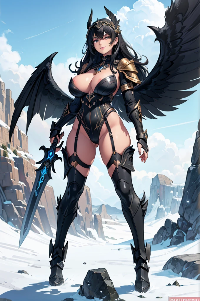 (masterpiece, best quality, high resolution, ((full body, standing,))((huge breasts)) 1 woman, very short and messy black hair, black lips, black full body fantasy valkyrie armor with decorations golden, black Valkyria wings, Valkyria headdress, black Valkyria sword in hands, evil smile, powerful posture,
