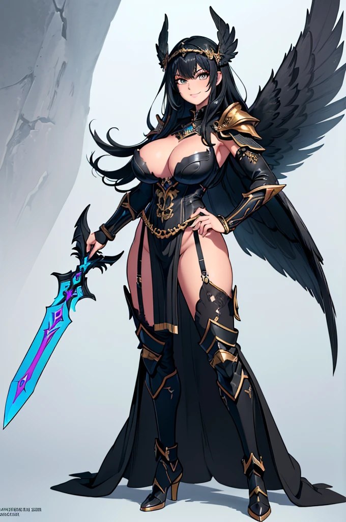 (masterpiece, best quality, high resolution, ((full body, standing,))(()) 1 woman, very short and messy black hair, black lips, black full body fantasy valkyrie armor with decorations golden, black Valkyria wings, Valkyria headdress, black Valkyria sword in hands, evil smile, powerful posture,
