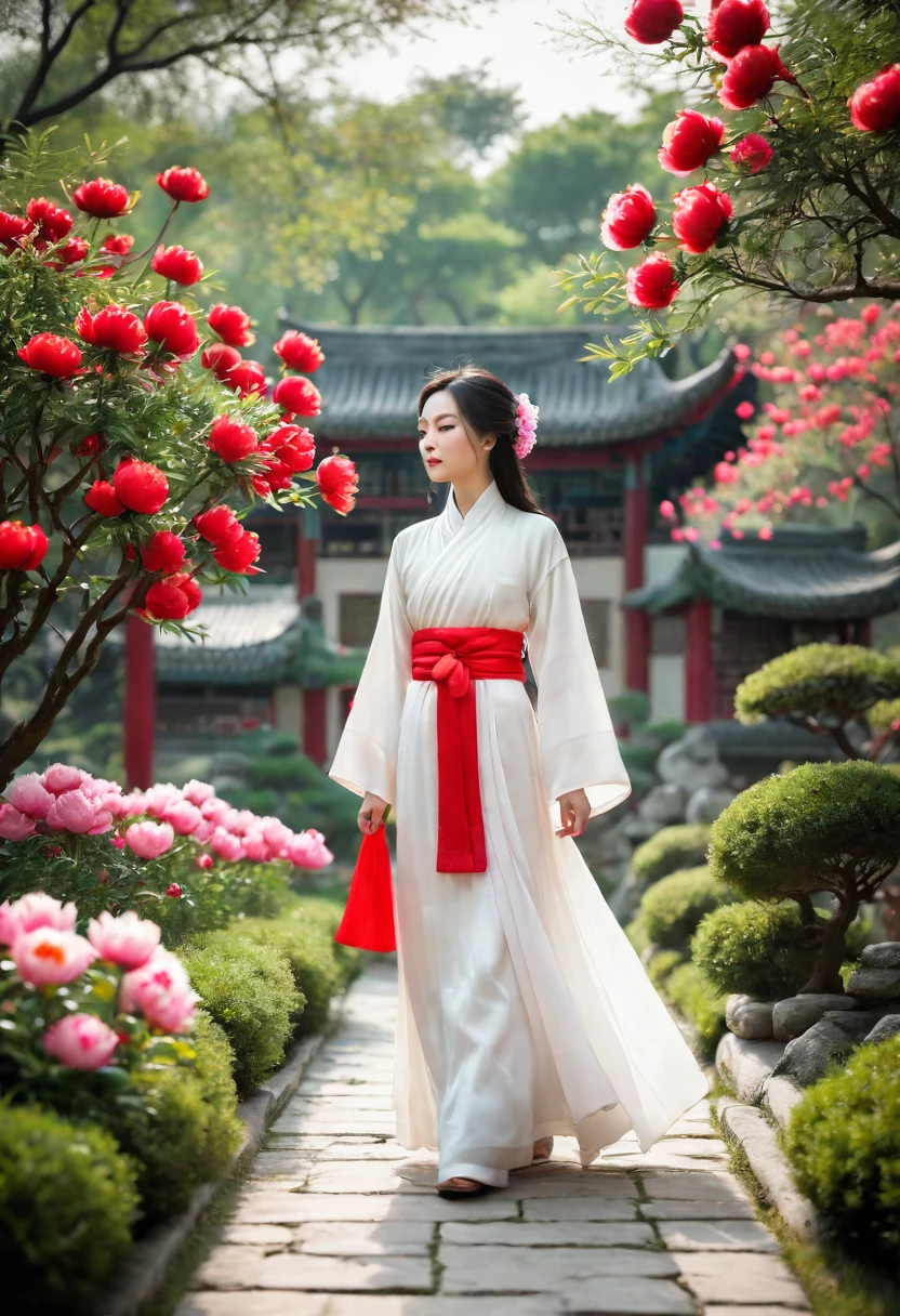 a woman wearing a white dress walking in a garden with red and white peony flowers in the foreground, a girl wearing hanfu traditional chinese clothing, long flowing hair and robe, ancient chinese garden background
