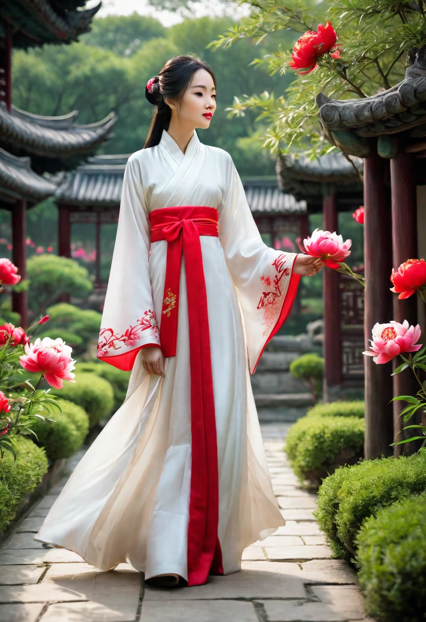 a woman wearing a white dress walking in a garden with red and white peony flowers in the foreground, a girl wearing hanfu traditional chinese clothing, long flowing hair and robe, ancient chinese garden background