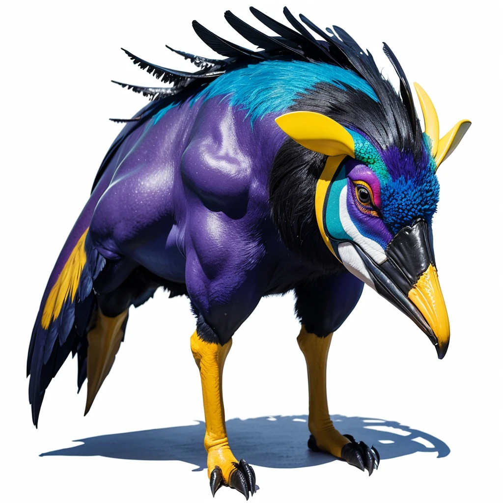 Big huge Animaly, cassowary mixed with Poseidon, yellows and purple colour skins, Grassroots background, (white background simpleks)
