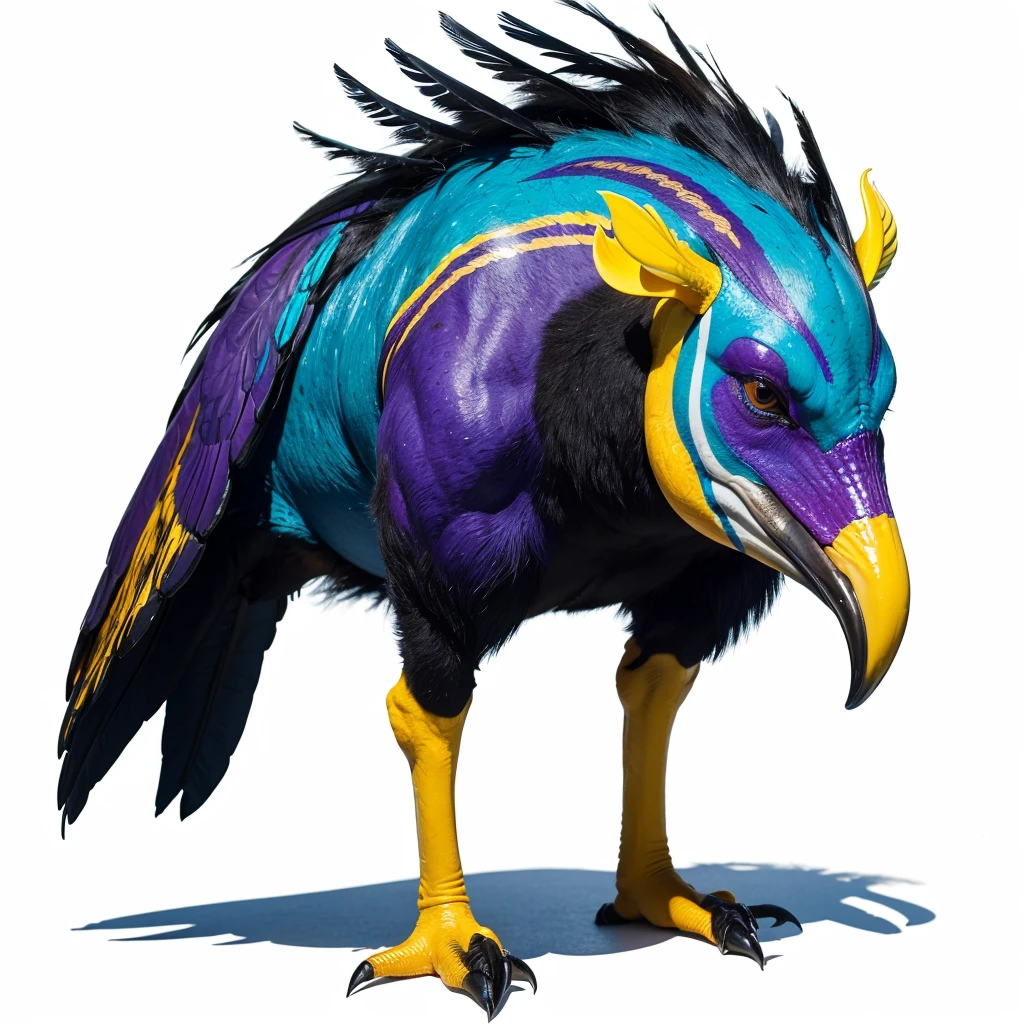 Big huge Animaly, cassowary mixed with Poseidon, yellows and purple colour skins, Grassroots background, (white background simpleks)