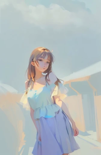 there is a drawing of a girl in a blue dress, soft portrait, halfbody portrait, colored sketch, soft anime illustration, soft digital painting, lofi portrait, speedpaint, cel - shaded art style, color study, casual pose, cel-shading style, soft coloring, color-key painting, inspired by Yuki Ogura, character portrait of me