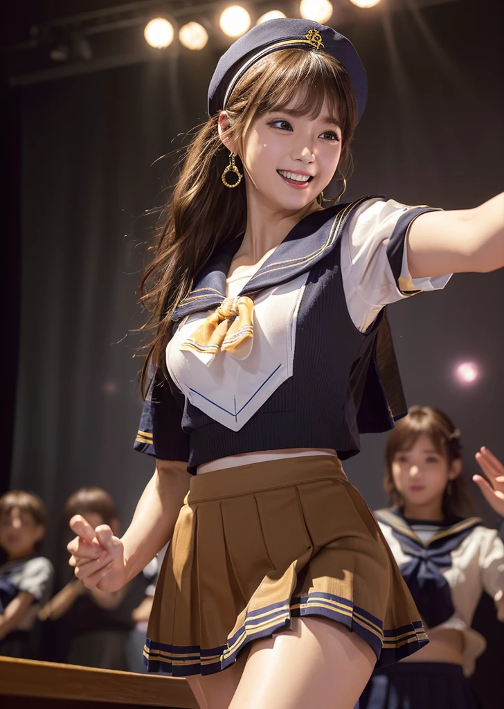 profile、Turned around、Butt,Flat Chest、(Slim body)、((Slim body))、Long Hair,Straight Bangs,Embarrassing,masterpiece,diamond、Earrings,background of fantasy,(((Brown Hair)))、1 person、 hair ornaments,Headband,Brown Hair, Cleavage, Idol, jewelry, ribbon, Nude, looking at viewer,Indoor break,break (Tabletop:1.2), Highest quality, High resolution, ユニティ 8K 壁紙, (shape:0.8), (Beautiful details:1.6), Very detailedな顔, Open chest、21 years old、With a microphone in his hand、Perfect lighting, Extremely detailed CG, (Perfect hands, Perfect Anatomy),Laughing with your mouth open、Concert Venues、live house、stage、Sing happily、((masterpiece、Highest quality))、shape、Very detailedな、8K、Realistic、Sharp focus、Very detailed、Professional Lighting、Colorful details、Detailed Texture、Moisturizing the skin、Shiny skin、Perfect Style、(Unparalleled beauty:1.55)、(Sailor Suit Costume Wear a skirt:1.5)、(コンサート豪華セットstage:1.55)、(Sing and dance energetically:1.55)、In front of a packed audience、Looking at the camera、Shine、Intricate details、The navel is visible、The navel is visible、