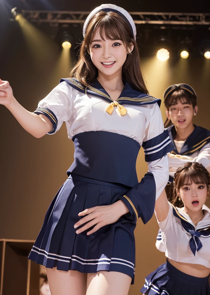 profile、Turned around、Butt,Flat Chest、(Slim body)、((Slim body))、Long Hair,Straight Bangs,Embarrassing,masterpiece,diamond、Earrings,background of fantasy,(((Brown Hair)))、1 person、 hair ornaments,Headband,Brown Hair, Cleavage, Idol, jewelry, ribbon, Nude, looking at viewer,Indoor break,break (Tabletop:1.2), Highest quality, High resolution, ユニティ 8K 壁紙, (shape:0.8), (Beautiful details:1.6), Very detailedな顔, Open chest、21 years old、With a microphone in his hand、Perfect lighting, Extremely detailed CG, (Perfect hands, Perfect Anatomy),Laughing with your mouth open、Concert Venues、live house、stage、Sing happily、((masterpiece、Highest quality))、shape、Very detailedな、8K、Realistic、Sharp focus、Very detailed、Professional Lighting、Colorful details、Detailed Texture、Moisturizing the skin、Shiny skin、Perfect Style、(Unparalleled beauty:1.55)、(Sailor Suit Costume Wear a skirt:1.5)、(コンサート豪華セットstage:1.55)、(Sing and dance energetically:1.55)、In front of a packed audience、Looking at the camera、Shine、Intricate details、The navel is visible、The navel is visible、