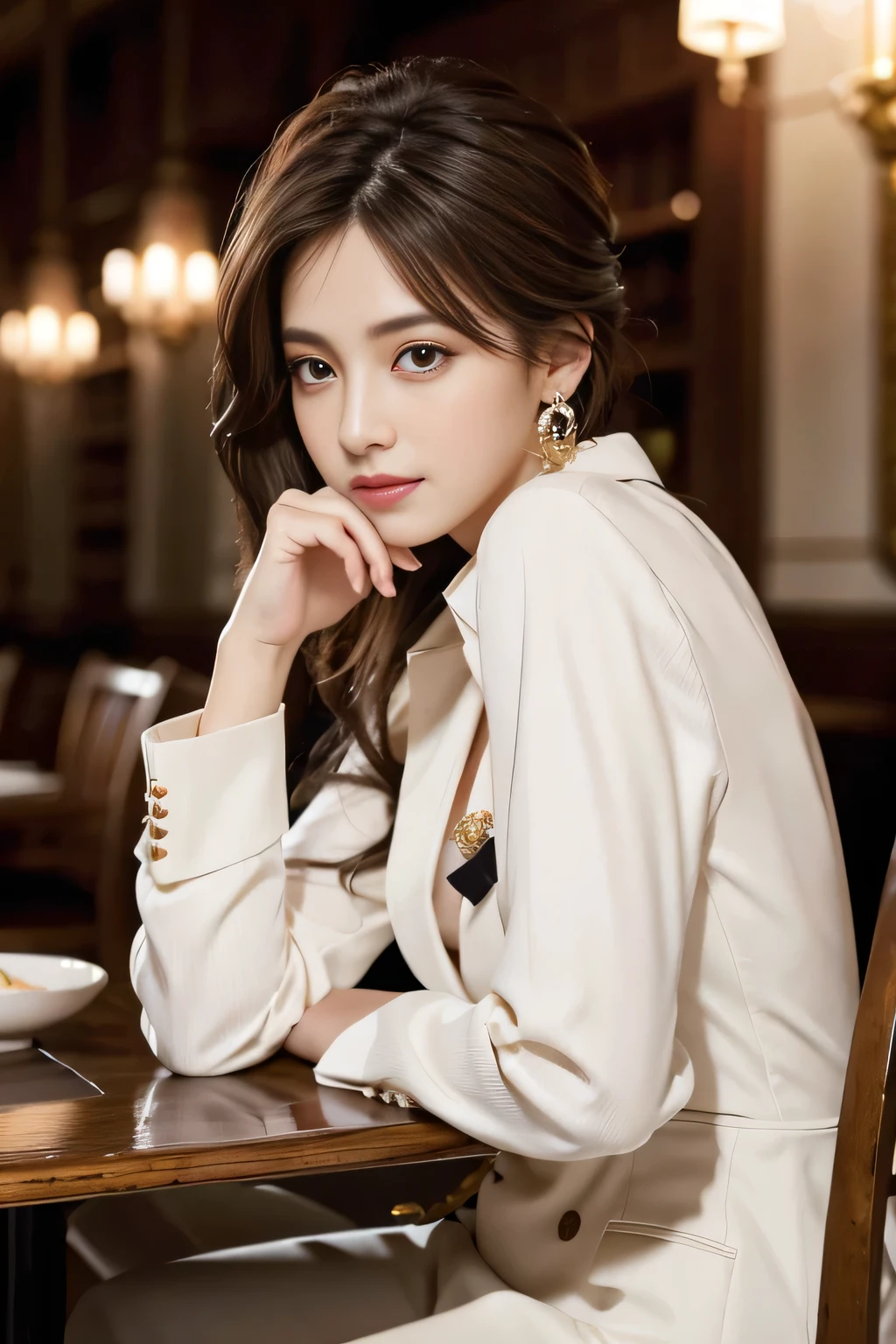 masterpiece, Highest quality, Realistic, Very detailed, Finer details, High resolution, 8k wallpaper, One beautiful woman, Wear a nice suit, In a great restaurant, At night, Light brown messy hair, Perfect dynamic composition, Beautiful and beautiful eyes、Big earrings、Sit on a chair、