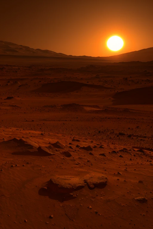 Landscape on Mars, martian sunset, marte