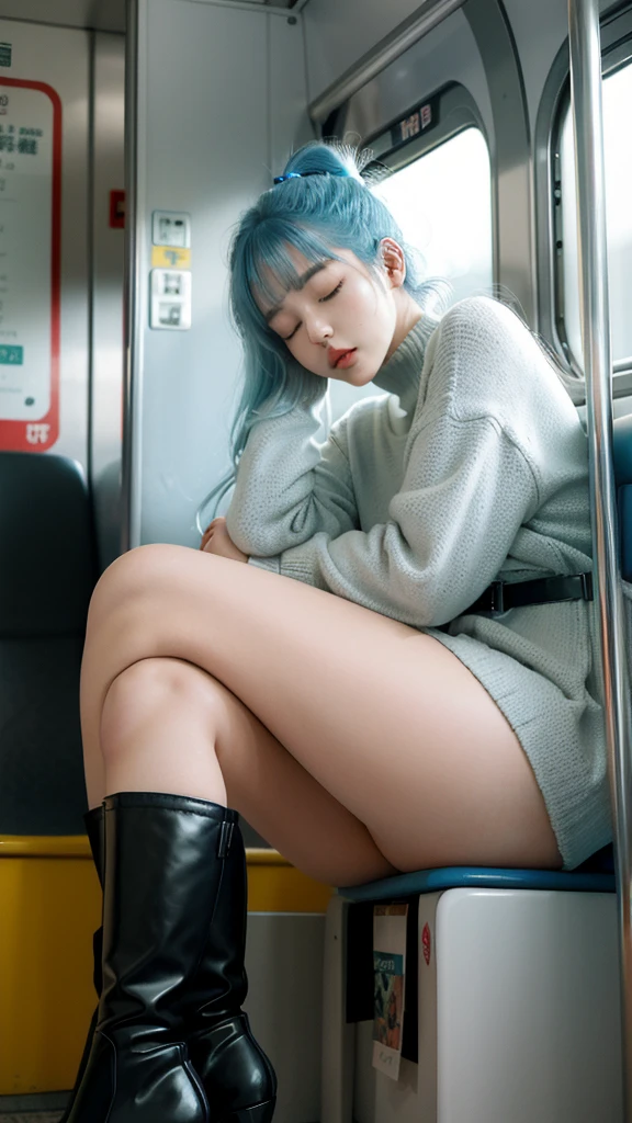 20th generation women,,Bangs are all lined up、Cyan hair, ponytail hairstyle, close your eyes, Sleep soundly with your mouth open,plump lips., Lips shining with lipstick、slender body、The chest is、She is a little bigger than the standard size and is sleeping soundly sitting on the long seat of the train., sleeping with head leaning against the wall.she closes her eyelids and sleeps soundly.she is wearing a sweater and a miniskirt, Fishnet tights and long boots with high heels 、Composition seen from below, sit with legs apart and knees apart.Pants are visible、Both arms hang down、Both hands are weakly resting on the seat、Full body diagram from head to toe.
Images of people are close to reality、Composition seen from the seats facing each otherwall.