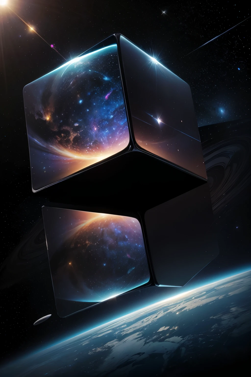 absurd resolution, high resolution, reflection, refraction:1.4 ultra detailed:1.0 (illustration, line drawing), Masterpiece, black cube in space reflecting a galaxy