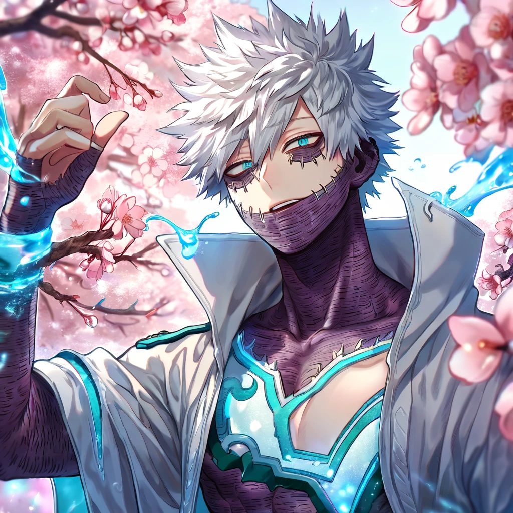 absurdres, highres, ultra detailed, HDR, master piece, Dabi, white hair, expressive turquoise eyes, white coat with high collar, Boku No Hero Academia, sexy man, handsome, best quality, blossoms, pink petals, pink flowers, water, fantasy, magical, blue shining fireflies, solo,