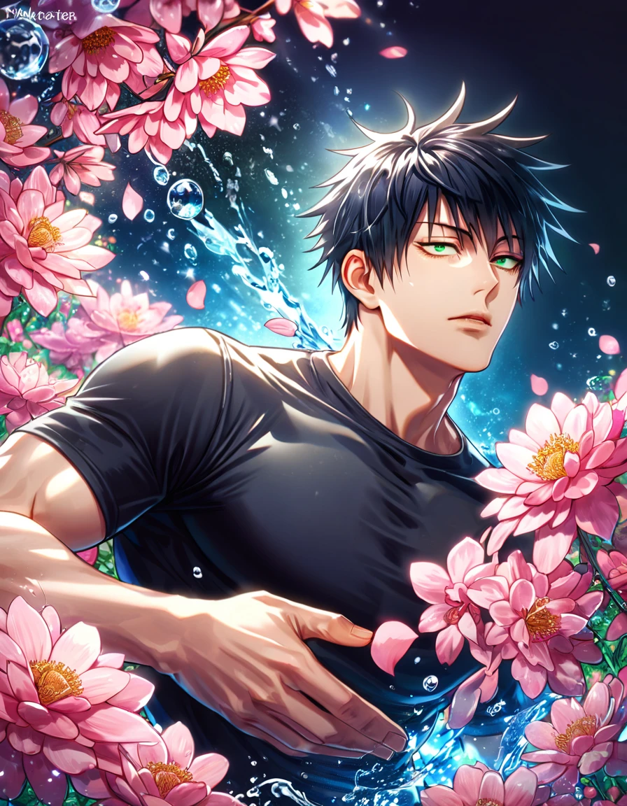 absurdres, highres, ultra detailed, HDR, master piece, best quality, Fushiguro Touji, straight black hair, expressive green eyes, Jujutsu Kaisen, solo, sexy man, handsome, black tight T-shirt, fantasy, shining, water, pink flowers, pink blossoms, pink butterflies, pink petals