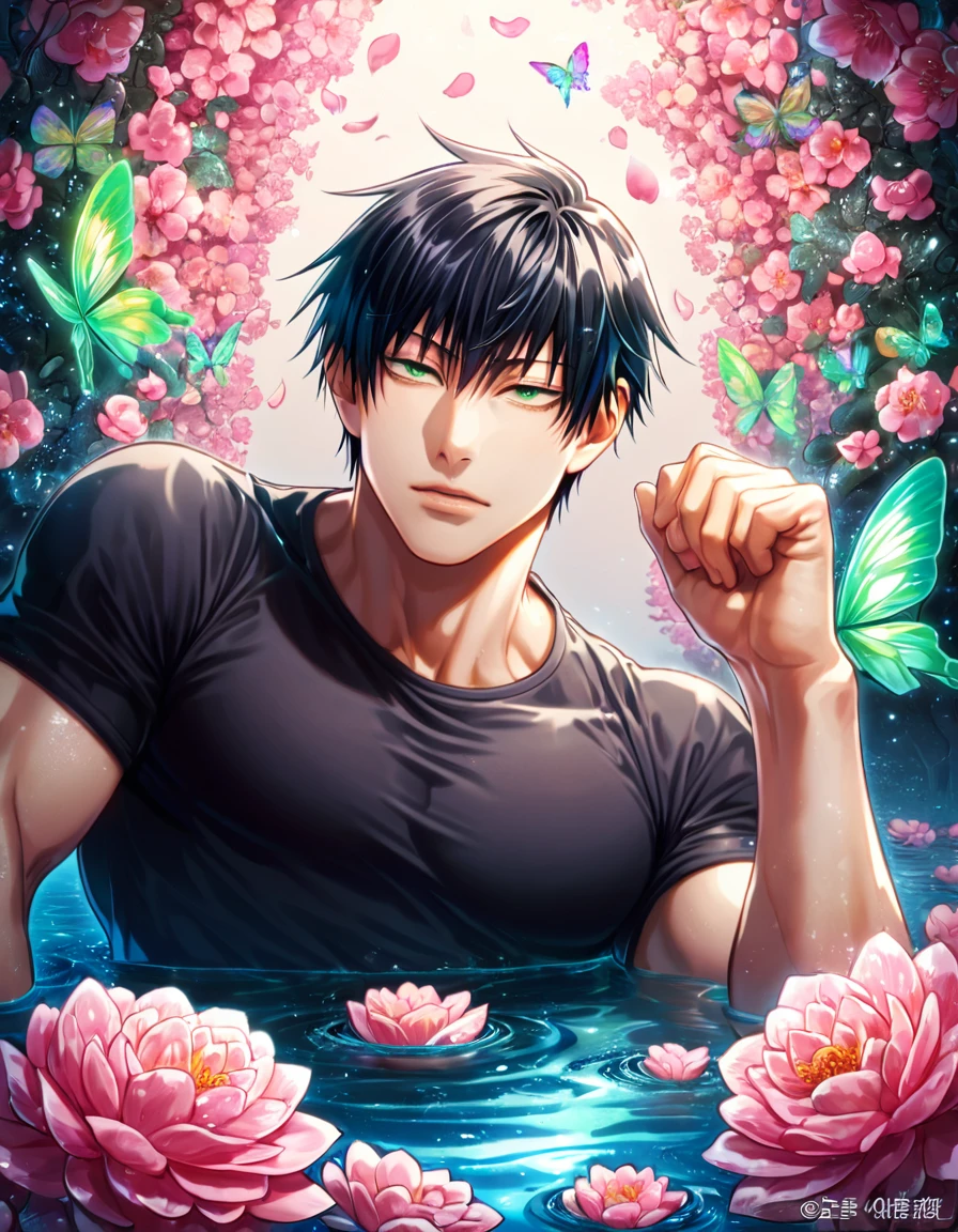 absurdres, highres, ultra detailed, HDR, master piece, best quality, Fushiguro Touji, straight black hair, expressive green eyes, Jujutsu Kaisen, solo, sexy man, handsome, black tight T-shirt, fantasy, shining, water, pink flowers, pink blossoms, pink butterflies, pink petals