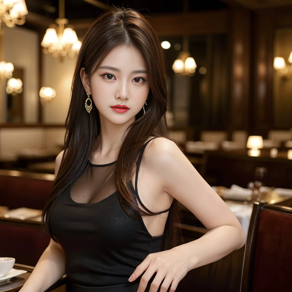 masterpiece, highest quality, Realistic, Very detailed, Finer details, High resolution, 8k wallpaper, One beautiful woman, Wear an elegant black see-through shirt, In a great restaurant, At night, Light brown messy hair, Perfect dynamic composition, Beautiful and beautiful eyes、Big earrings、Sleeveless shirt、