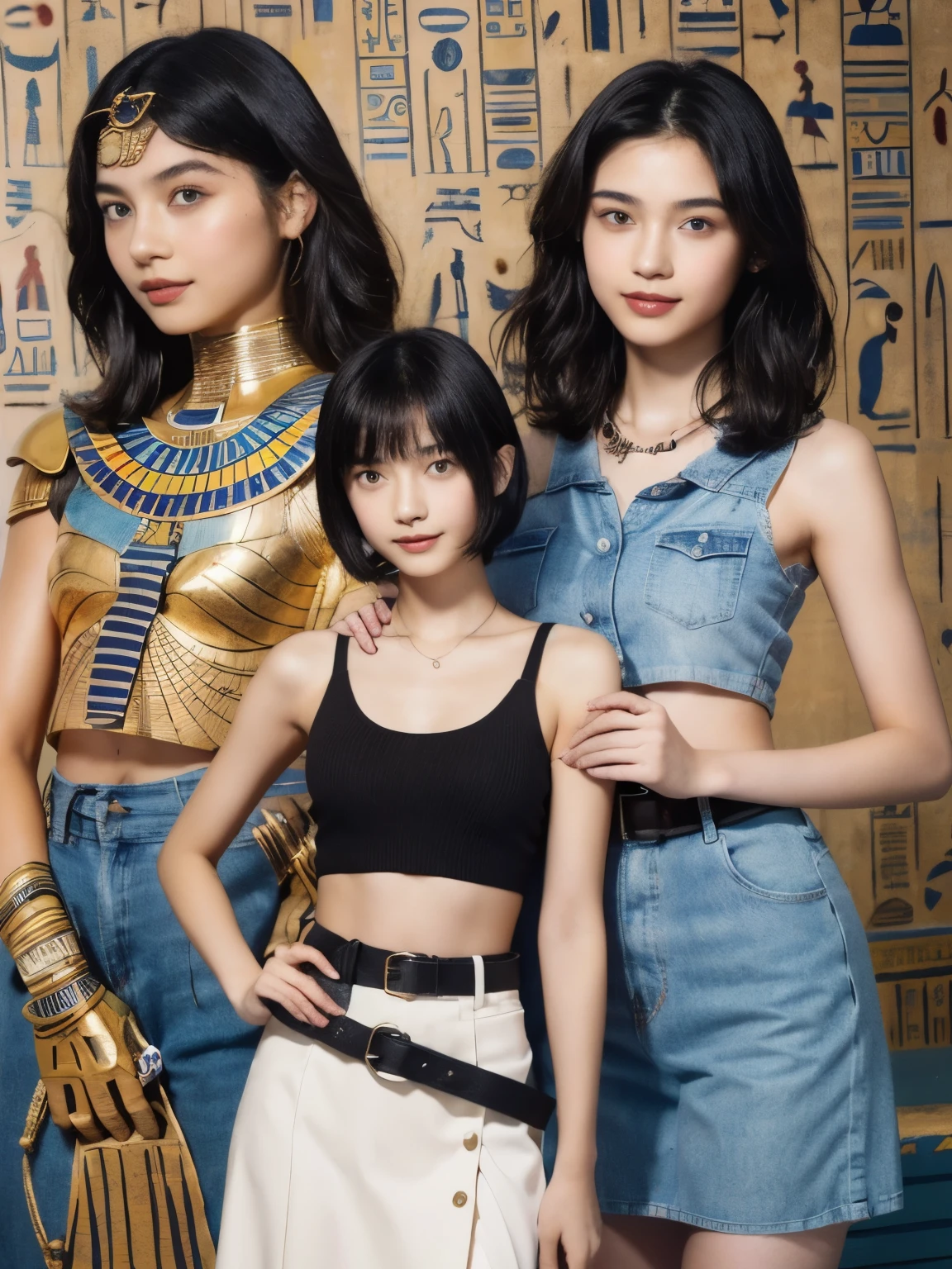 246 (In the mural２people々々々々々々々々々々々々), (An 18-year-old female and an 18-year-old male), short hair,kind, lipstick, Egyptian civilization, Waist belt, Hieroglyphics, smile