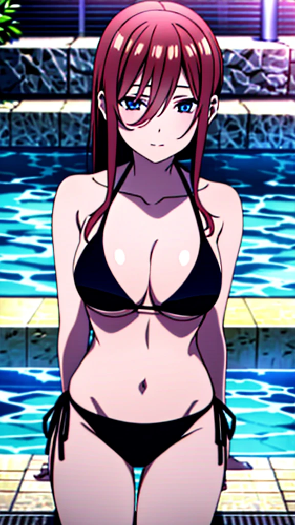 Detailed and ultra HD girl in the pool wearing a black bikini 