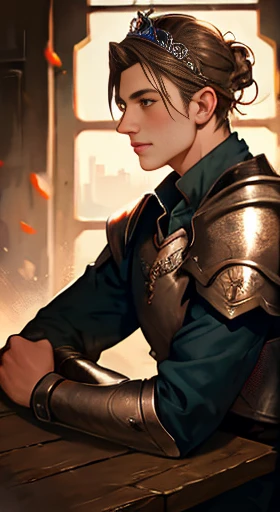 8K, RAW Photos, Highest quality, (Tabletop:1.2), (Realistic:1.3), (Realistic:1.3), Super detailed, (Highly detailed skin:1.2),  Soft lighting, Film Grain, Fuji XT3,  good looking,Maskell,Gender unclear,,One boy,armor,(((Symmetry
))),Single hair bun,,Hair Crown